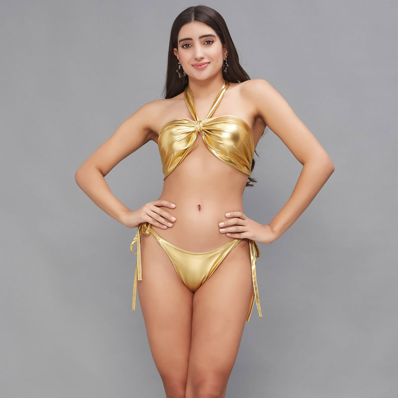 Secrets By ZeroKaata Women Metallic Halter Beach Wear Swim Bikini Set (XS)