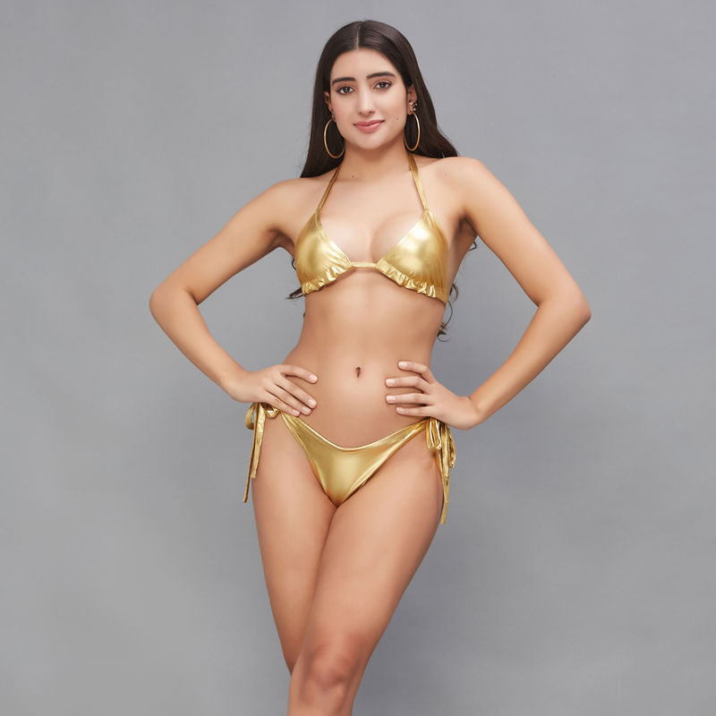Secrets By ZeroKaata Women Metallic Halter Beach Wear Swim Bikini Set (M)