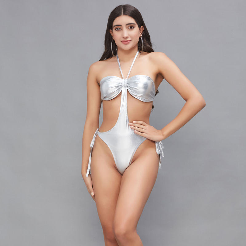 Secrets By ZeroKaata Women Metallic Halter Beach Wear Swim Bodysuit (S)