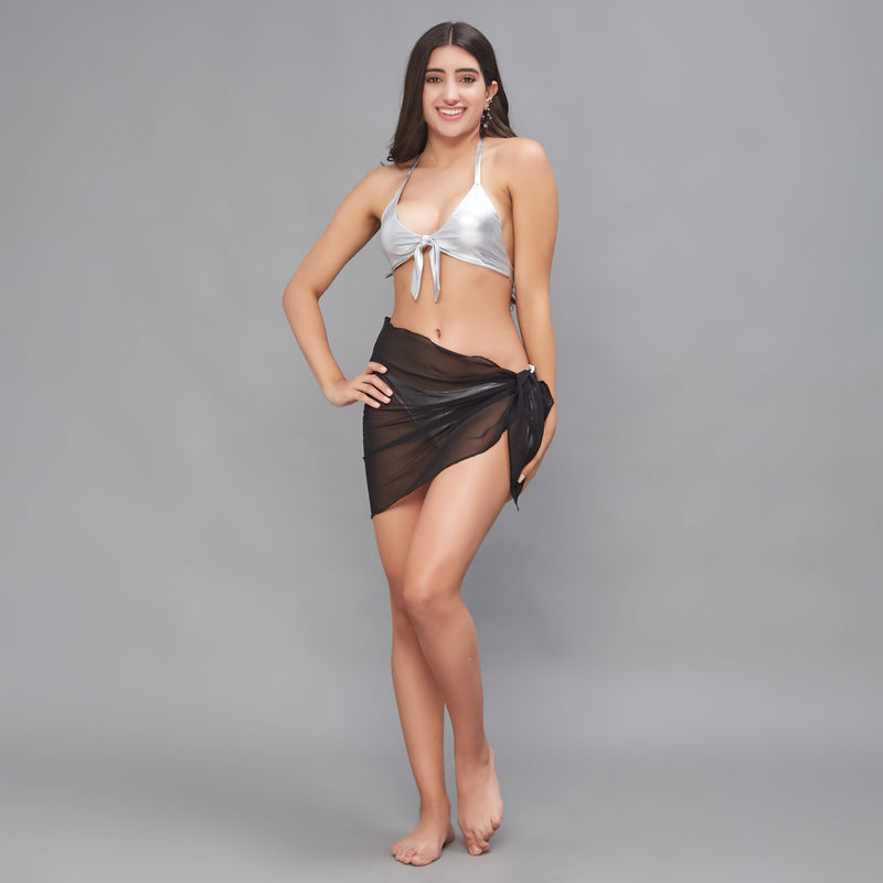 Secrets By ZeroKaata Women Metallic Halter Beach Wear Swim Bikini Set with Sarong (XS)