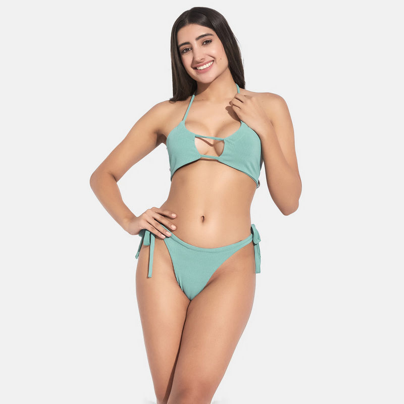 Secrets By ZeroKaata Women Ribbed Halter Beach Wear Swim Bikini Set (XS)