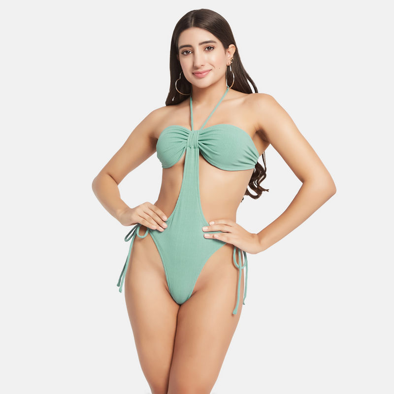 Secrets By ZeroKaata Women Ribbed Halter Beach Wear Swim Bodysuit (XS)