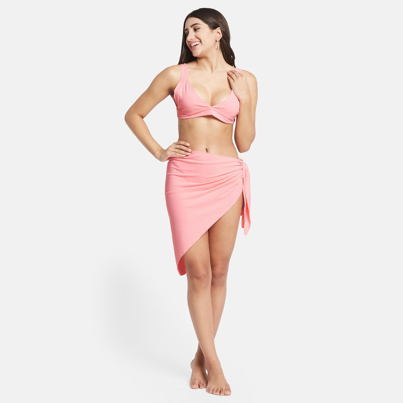 Secrets By ZeroKaata Women Ribbed V-Neck Beach Wear Swim Bikini Set with Sarong (XS)