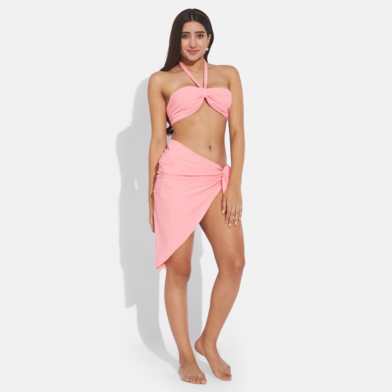 Secrets By ZeroKaata Women Ribbed Halter Beach Wear Bikini Set with Sarong (XS)