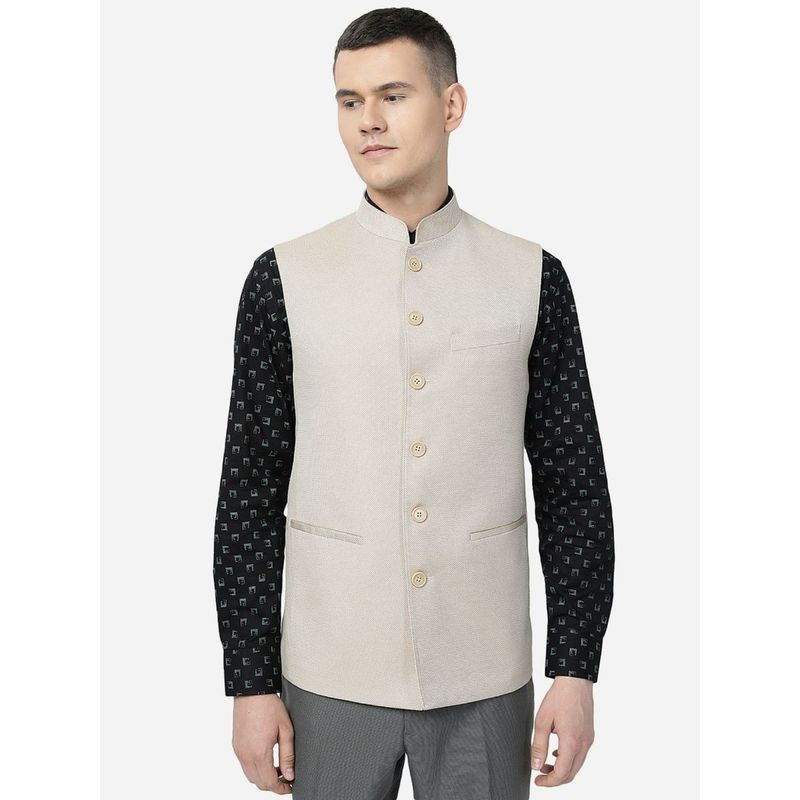 JadeBlue Men Beige Terry Wool Textured Bandhgala Jacket (38)