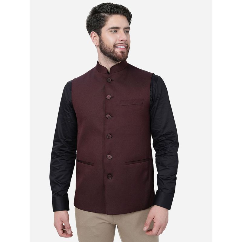 JadeBlue Men Maroon Terry Wool Solid Bandhgala Jacket (38)