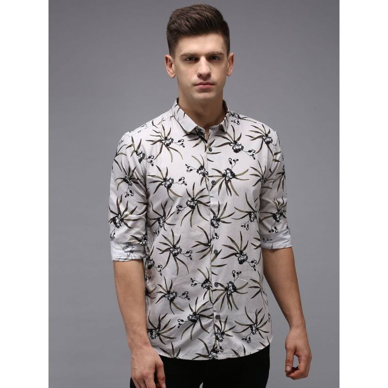 SHOWOFF Men Grey Collar Neck Floral Comfort Fit Shirt (L)