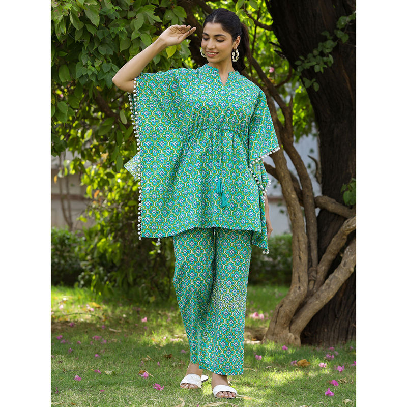 Jaipur Kurti Green Ethnic Printed Cotton Kaftan With Pants Lounge Wear (Set of 2) (XL)