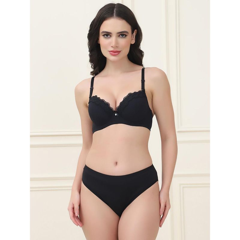 PrettyCat Lightly Padded T-Shirt Bra Panty with Sexy Trim Lace Black (Set Of 2) (36C)