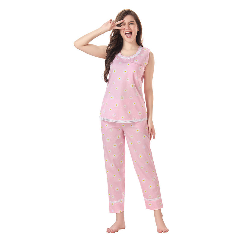 PIU Women's Cotton Floral Top and Pajama (Set of 2) (S)