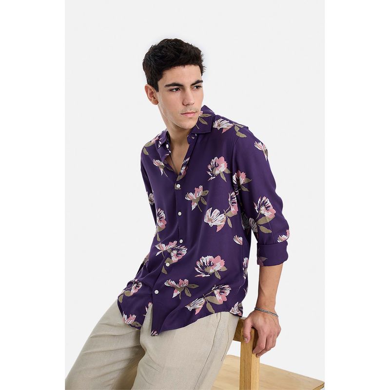 Snitch Men Purple Viscose Floral Shirt (S)