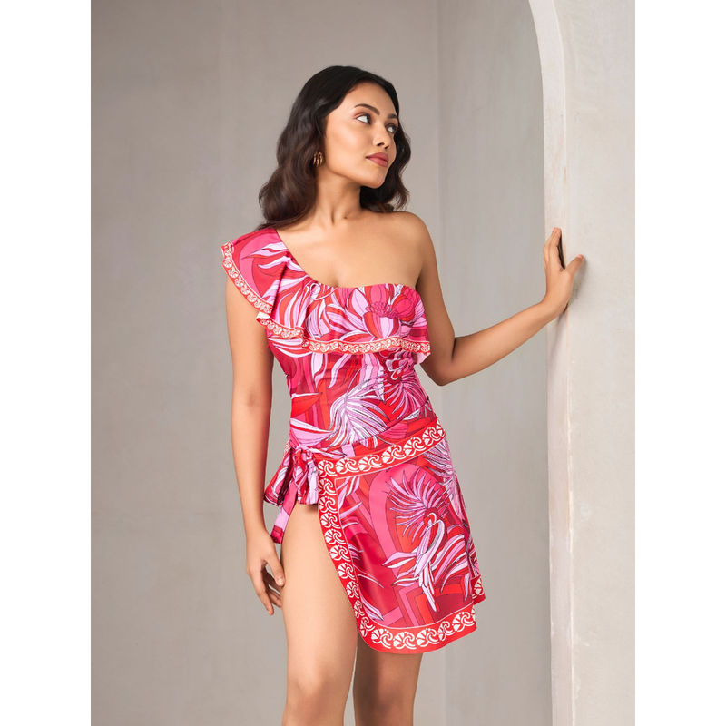 Addery Red Floral One-Shoulder One-Piece with Cover-Up (Set of 2) (S)