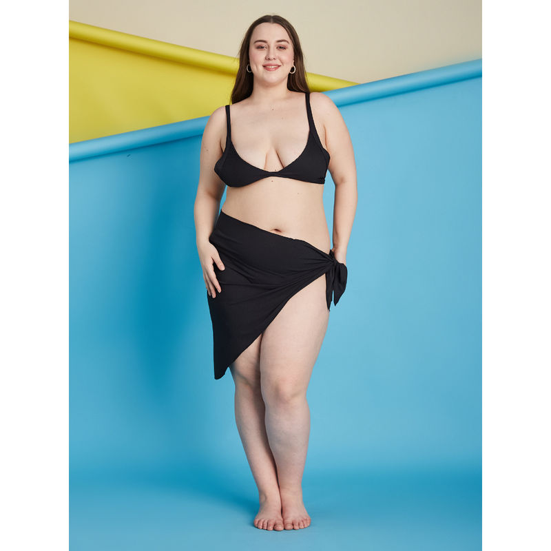 Secrets By ZeroKaata Black Plus Size Ribbed Swim Bikini Top with Panty & Sarong (Set of 3) (L)