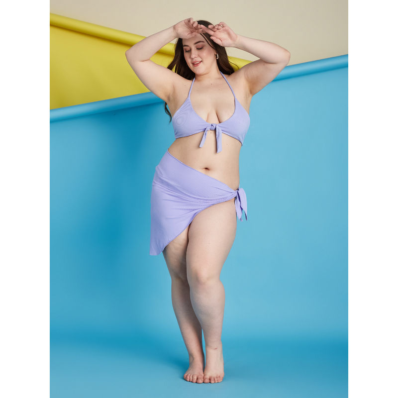 Secrets By ZeroKaata Purple Plus Size Ribbed Swim Bikini Top with Panty & Sarong (Set of 3) (L)
