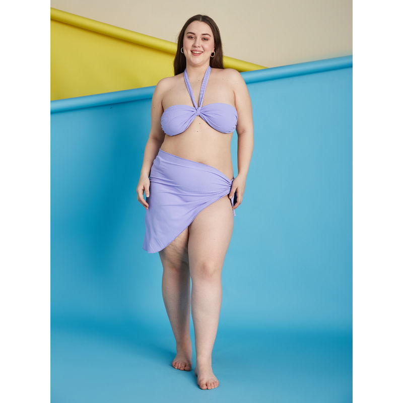 Secrets By ZeroKaata Lavender Plus Size Ribbed Swim Bikini Top with Panty & Sarong (Set of 3) (L)