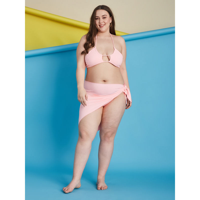Secrets By ZeroKaata Pink Plus Size Ribbed Swim Bikini Top with Panty & Sarong (Set of 3) (L)