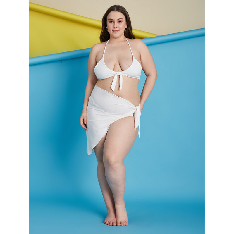 Secrets By ZeroKaata White Plus Size Ribbed Swim Bikini Top with Panty & Sarong (Set of 3) (L)