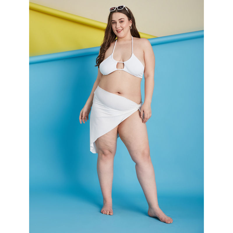Secrets By ZeroKaata White Plus Size Ribbed Swim Bikini Top with Panty & Sarong (Set of 3) (L)