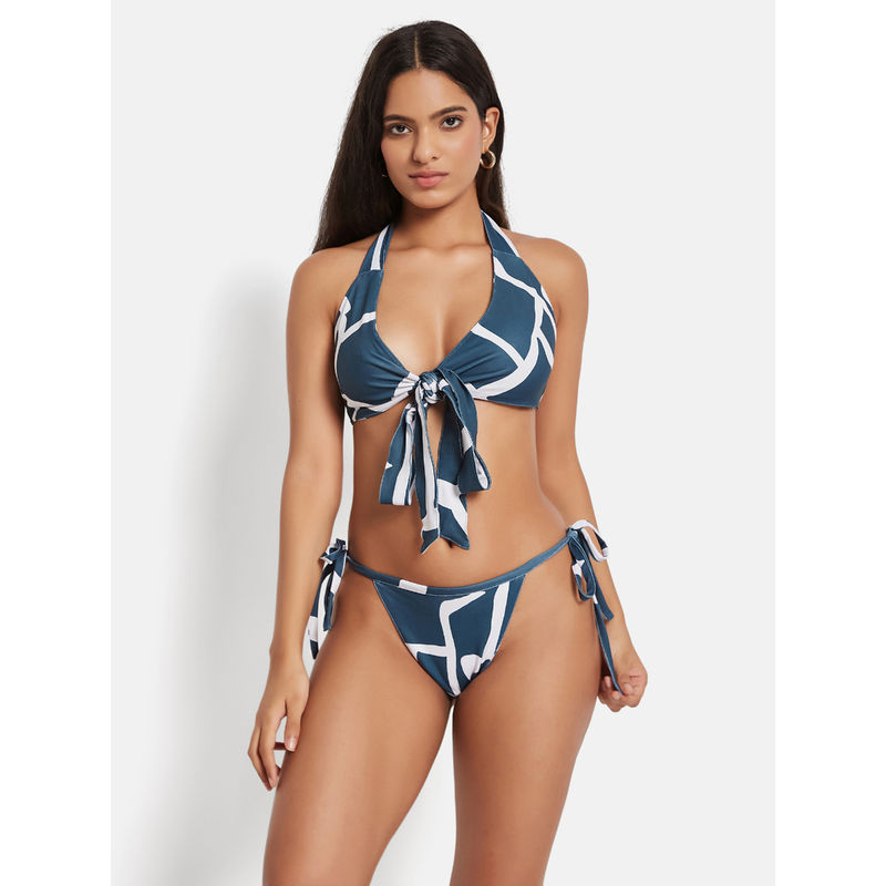 Secrets By ZeroKaata Blue Printed Swim Bikini Top with Pant (Set of 2) (XS)