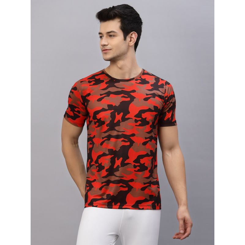 RIGO Men Orange Camouflage Print Round Neck Half Sleeve Activewear T-Shirt (S)