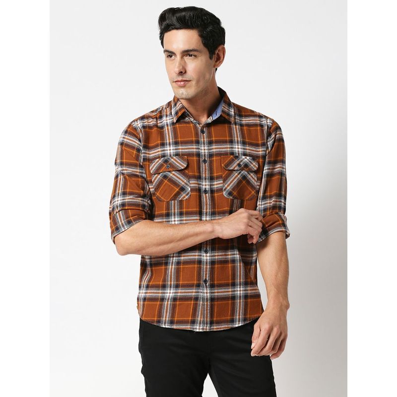 Dragon Hill Full Sleeves Rust Brown Brush Twill Checked Shirt With Double Pocket (2XL)
