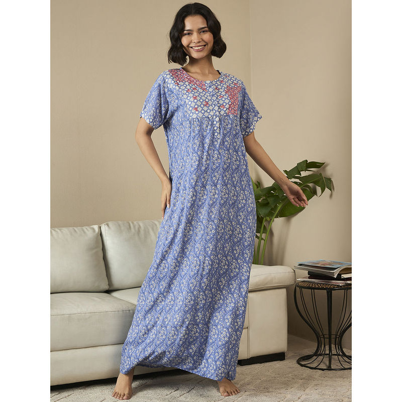 July Nightwear Rayon Blue Long Nighty For Women (M)