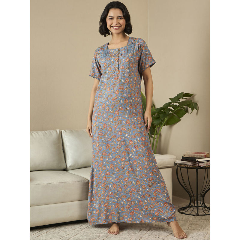 July Nightwear Rayon Blue Long Nighty For Women (L)