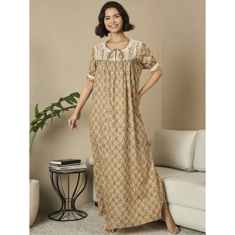 July Nightwear Rayon Brown Long Nighty For Women (L)