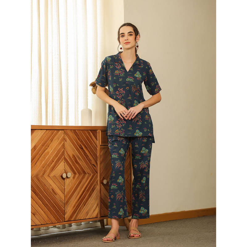 SANSKRUTIHOMES Blue Pure Cotton Printed Night Suit For Women (Set of 2) (M)