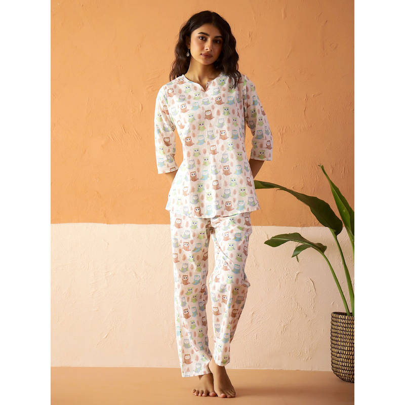 SANSKRUTIHOMES White Pure Cotton Printed Night Suit For Women (Set of 2) (2XL)