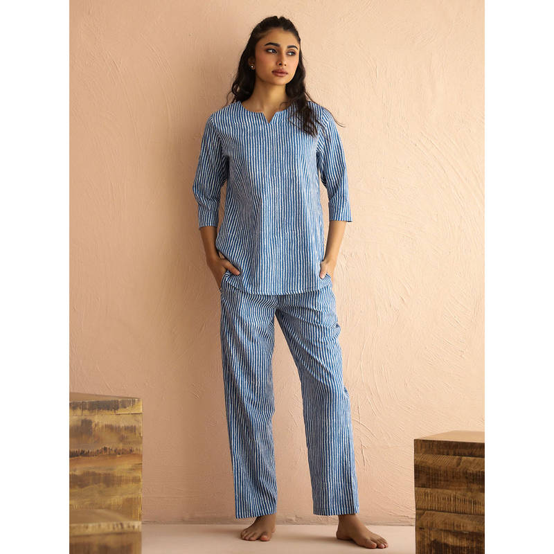 SANSKRUTIHOMES Blue Pure Cotton Printed Striped Night Suit For Women (Set of 2) (3XL)