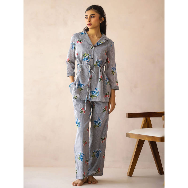 SANSKRUTIHOMES Shirt Collar Pure Cotton Striped Night Suit For Women (Set of 2) (XL)