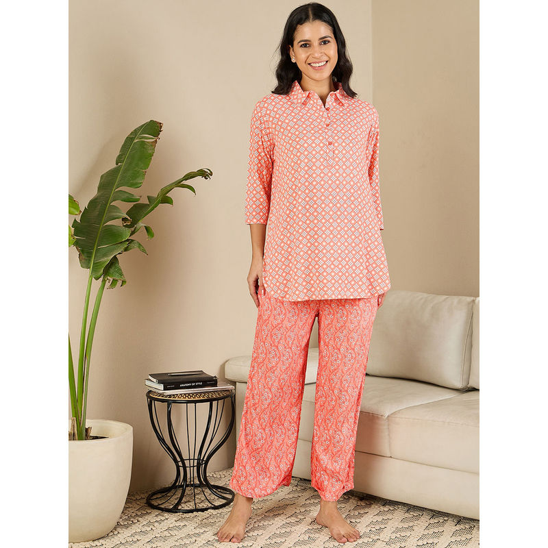 July Nightwear Rayon Red Shirt & Pyjama For Women (Set of 2) (M)