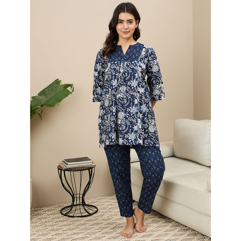 July Nightwear Cotton Navy Blue Kurti With Pyjama For Women (Set of 2) (XL)
