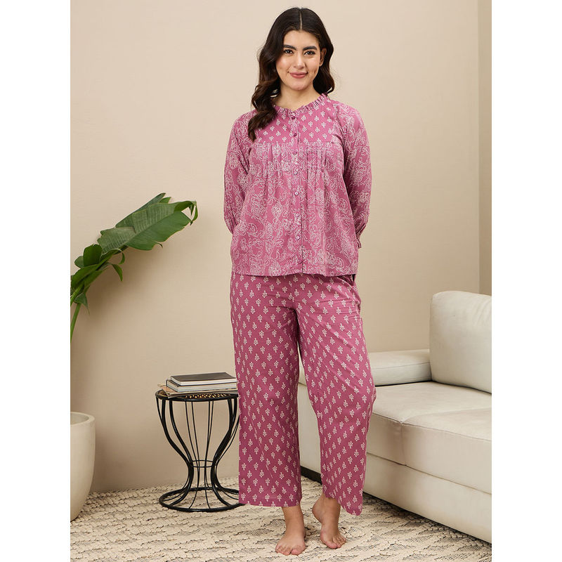July Nightwear Cotton Mauve Short Kurti With Pyjama For Women (Set of 2) (M)