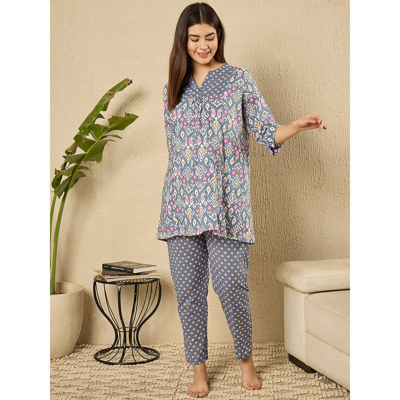 July Nightwear Cotton Blue Kurti With Pyjama For Women (Set of 2) (S)