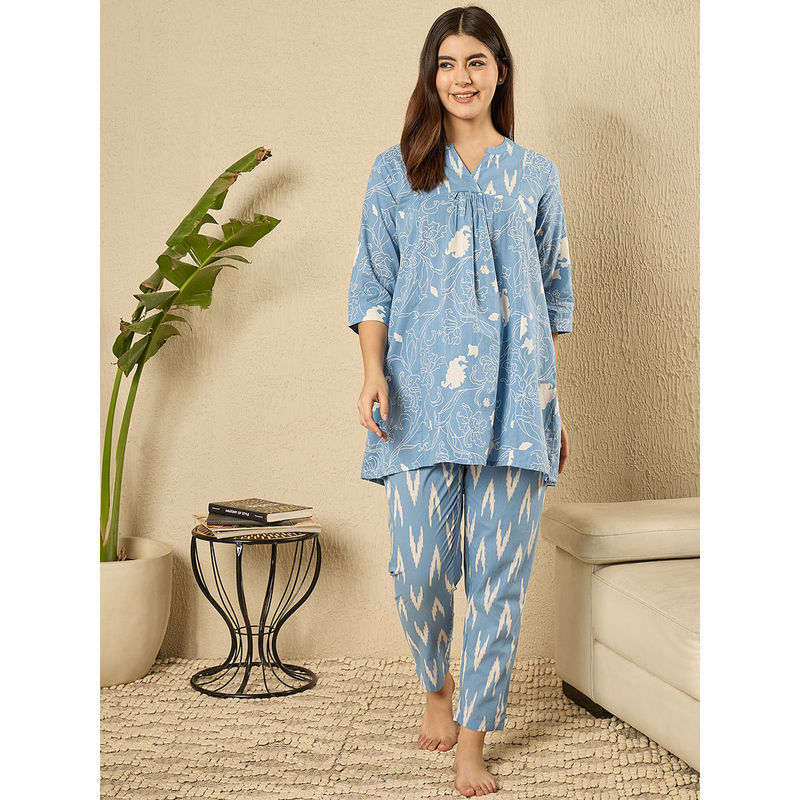 July Nightwear Cotton Blue Kurti With Pyjama For Women (Set of 2) (M)