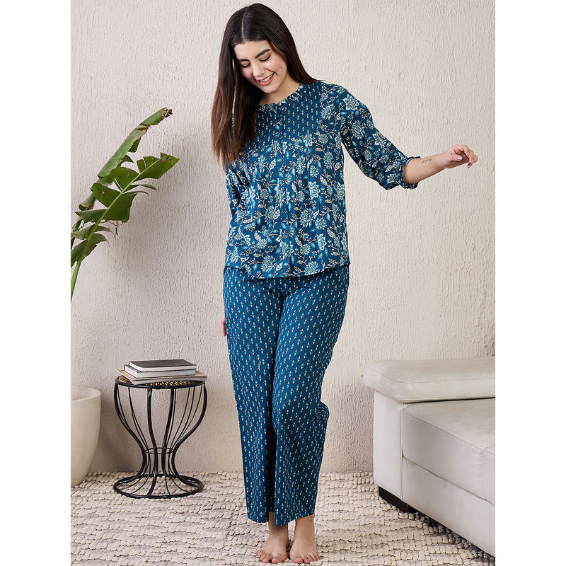 July Nightwear Cotton Blue Short Kurti With Pyjama For Women (Set of 2) (2XL)