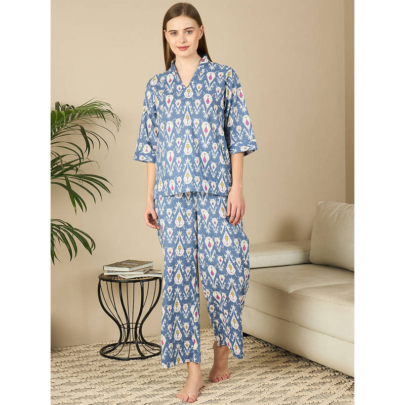 July Nightwear Cotton Blue Short Kurti With Pyjama For Women (Set of 2) (L)