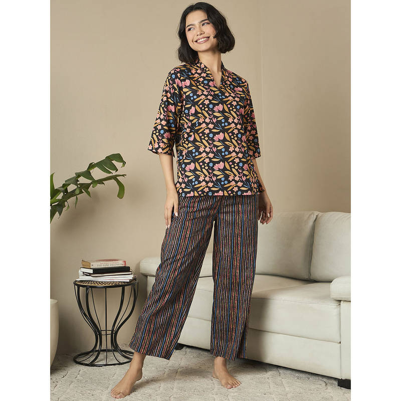 July Nightwear Cotton Black Short Kurti With Pyjama For Women (Set of 2) (XL)