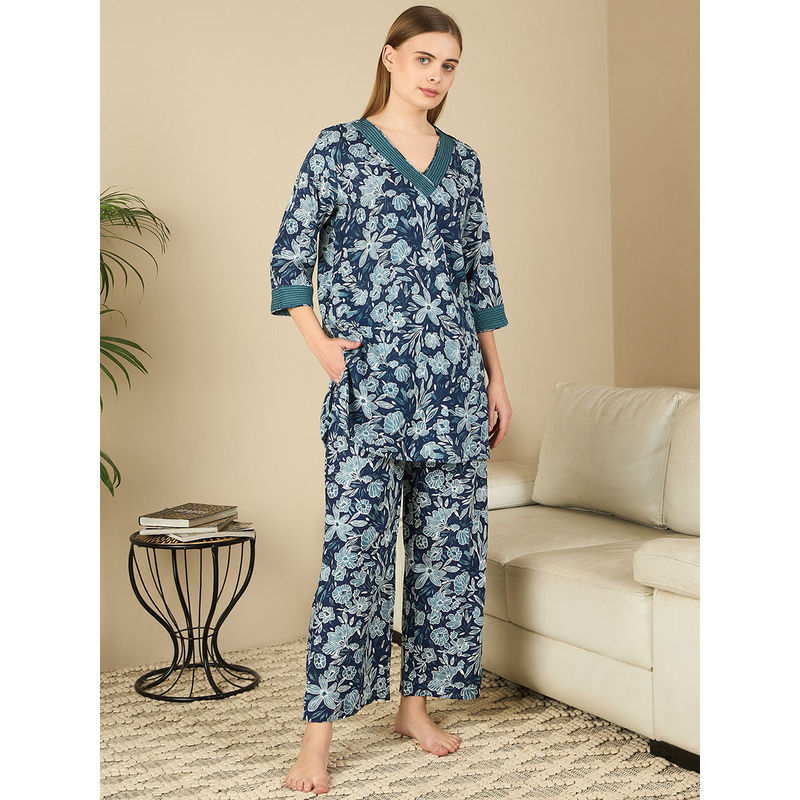 July Nightwear Rayon Blue Kurti With Pyjama For Women (Set of 2) (M)