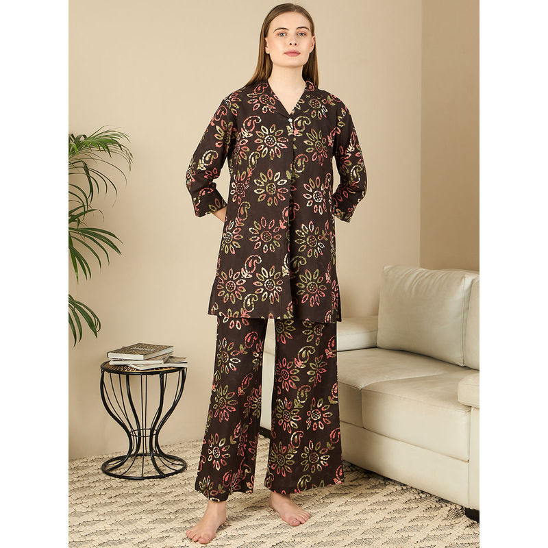 July Nightwear Cotton Brown Kurti With Pyjama For Women (Set of 2) (M)