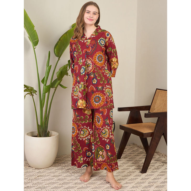 July Nightwear Cotton Maroon Kurti With Pyjama For Women (Set of 2) (S)
