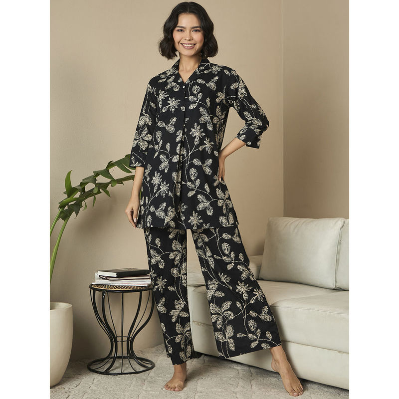 July Nightwear Cotton Black Kurti With Pyjama For Women (Set of 2) (M)