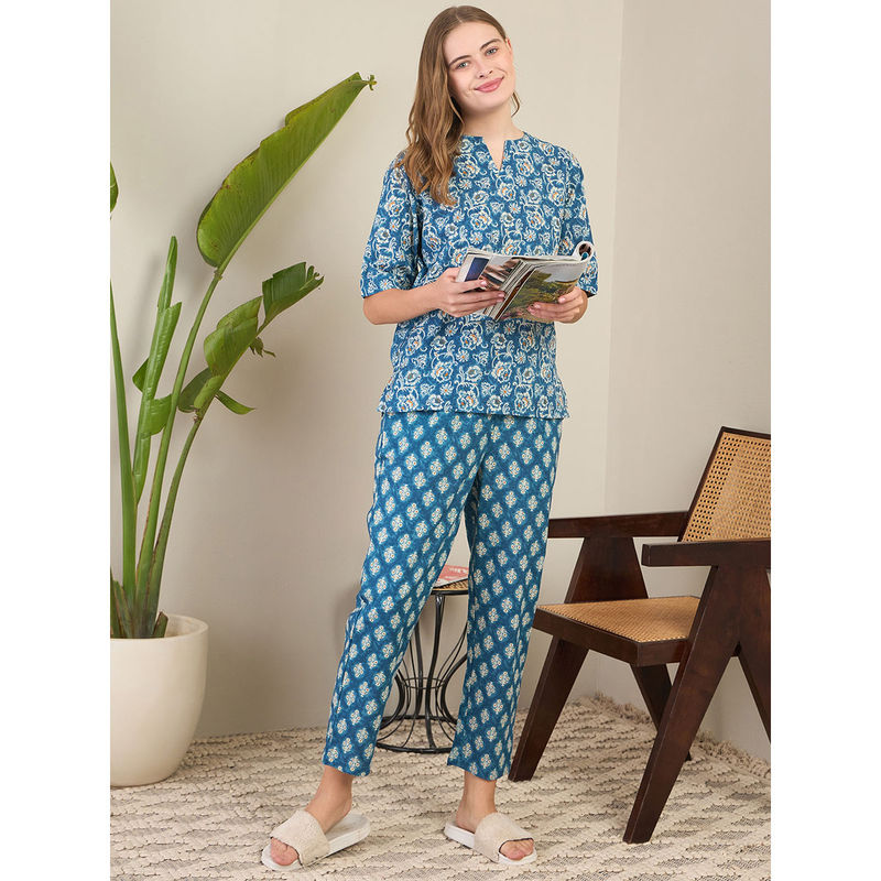 July Nightwear Cotton Blue Short Kurti With Pyjama For Women (Set of 2) (S)