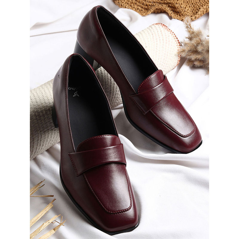 Yoho Maroon Bliss Heal 001 Stylish & Comfy Slip On Block Heel Loafers (UK 8)