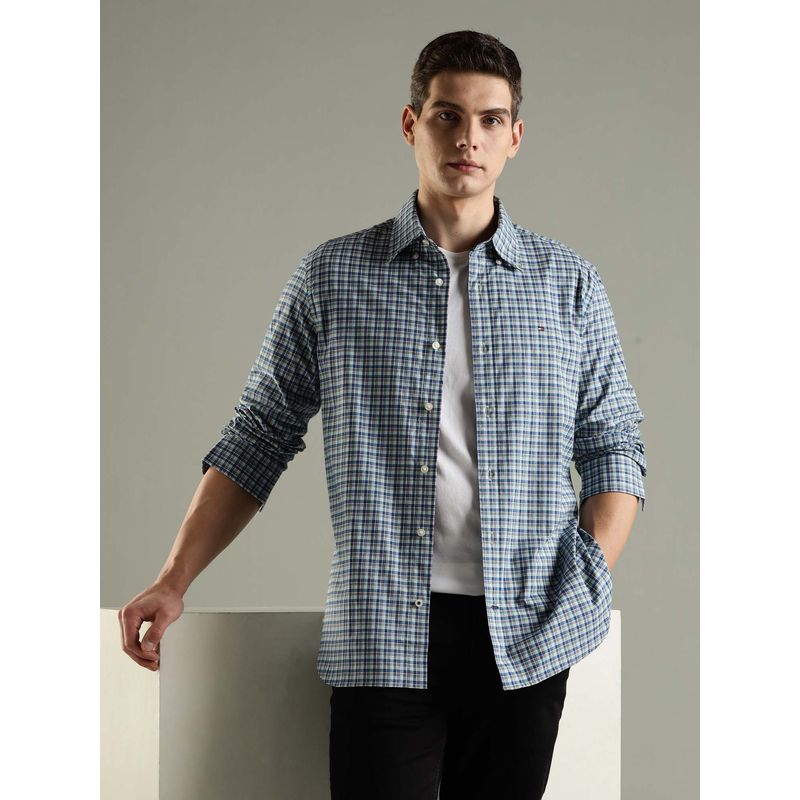 Tommy Hilfiger Green Checks Regular Fit Cotton Shirt (XS)