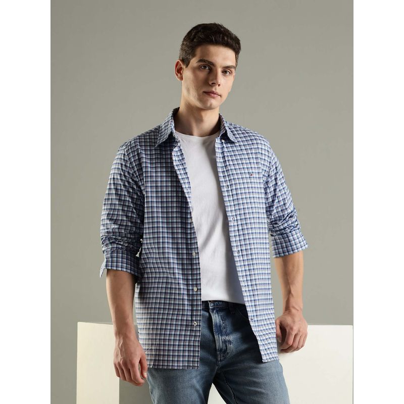 Tommy Hilfiger Blue Checks Regular Fit Cotton Shirt (L)