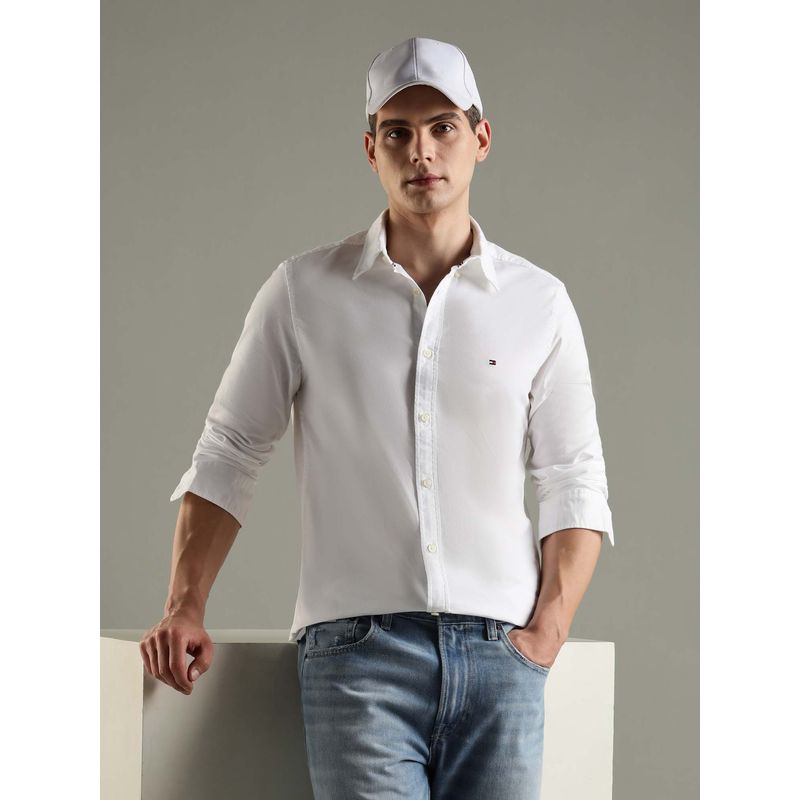 Tommy Hilfiger White Solid Slim Fit Cotton Shirt (L)