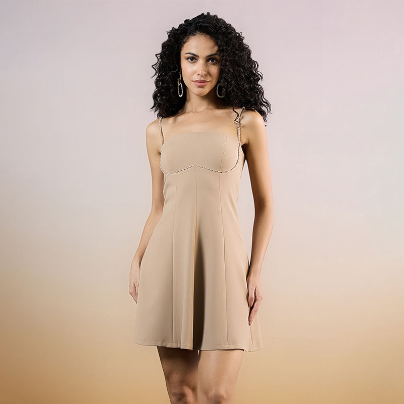 RSVP by Nykaa Fashion Beige Solid Strappy Mini Skater Dress (L)